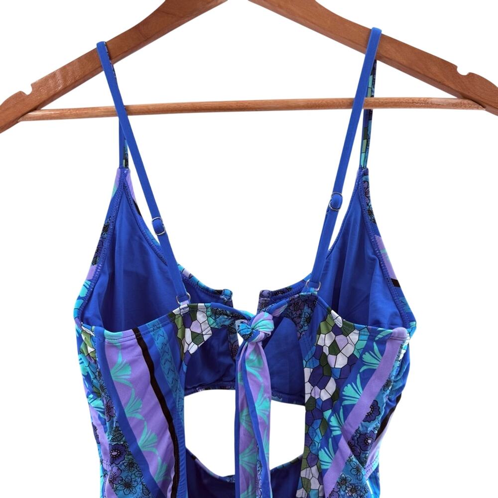 NWT Lucky Brand V-Neck Mixed Media Multi Print Cut Out One Piece Swimsuit Size L - Picture 7 of 13
